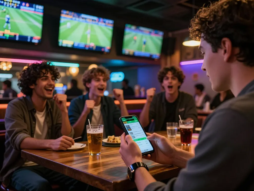 Tỷ lệ kèo nhà cái displayed on a smartphone in a vibrant sports betting environment, capturing the excitement of live match decisions