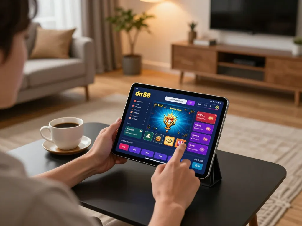 Engaging gameplay on dr88 platform from a cozy home setting, showing a person betting on a tablet.