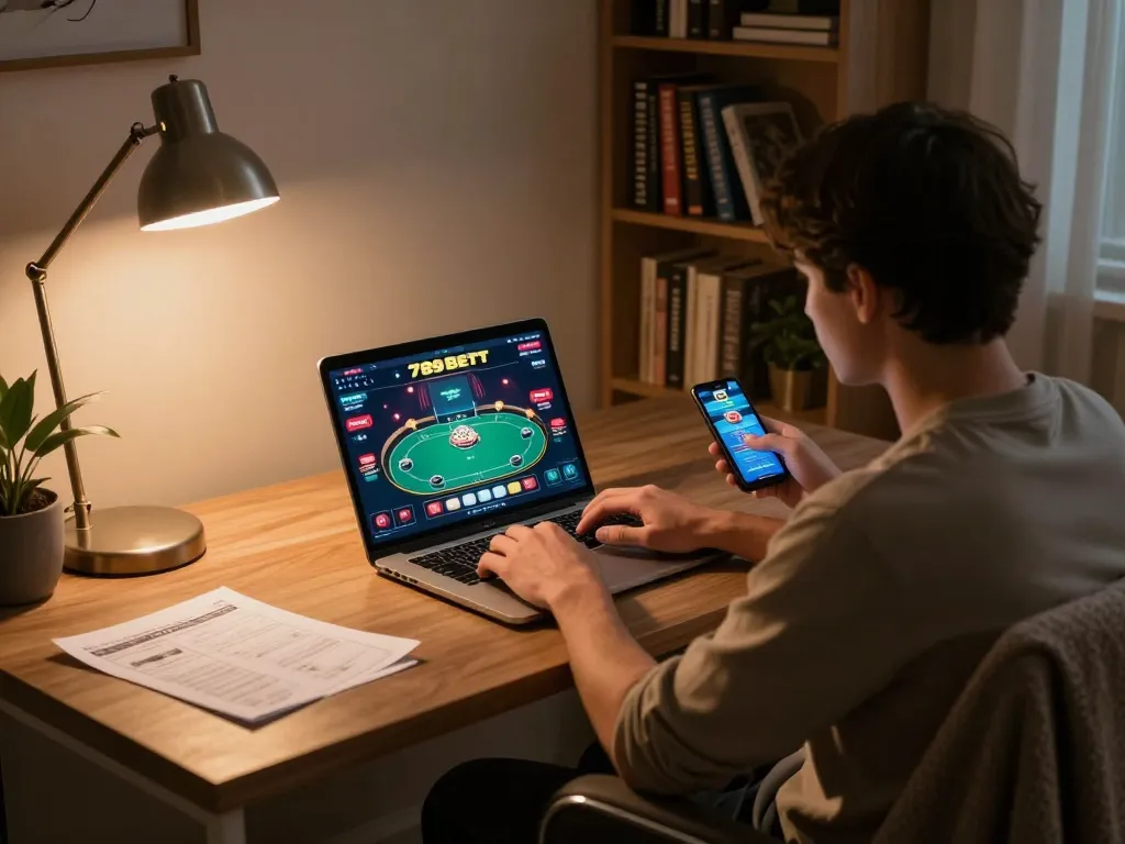 Person using laptop for online poker at 789BET, cozy home setup with strategy notes visible.