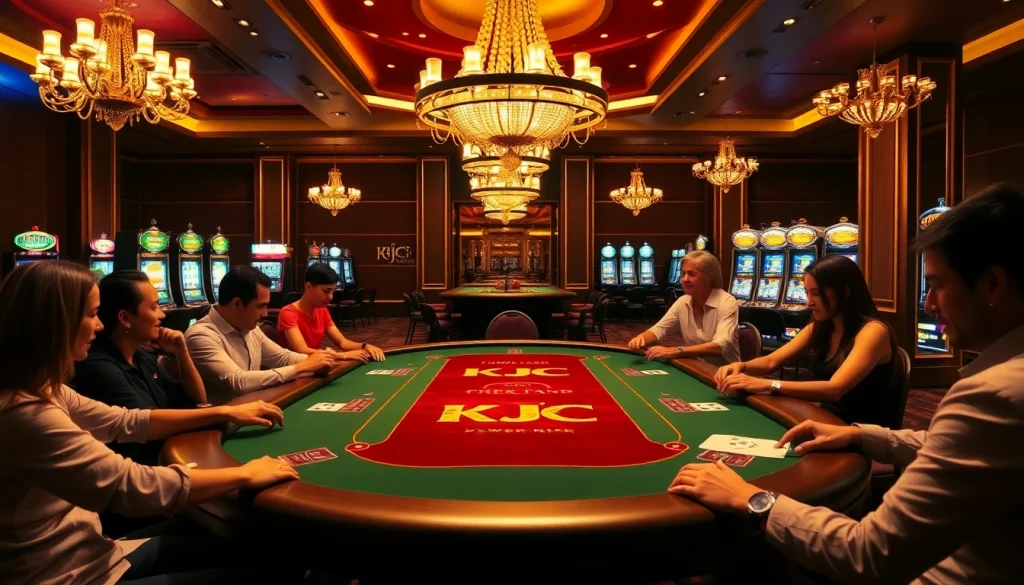 KJC poker table scene with players and vibrant casino elements in a luxurious setting.