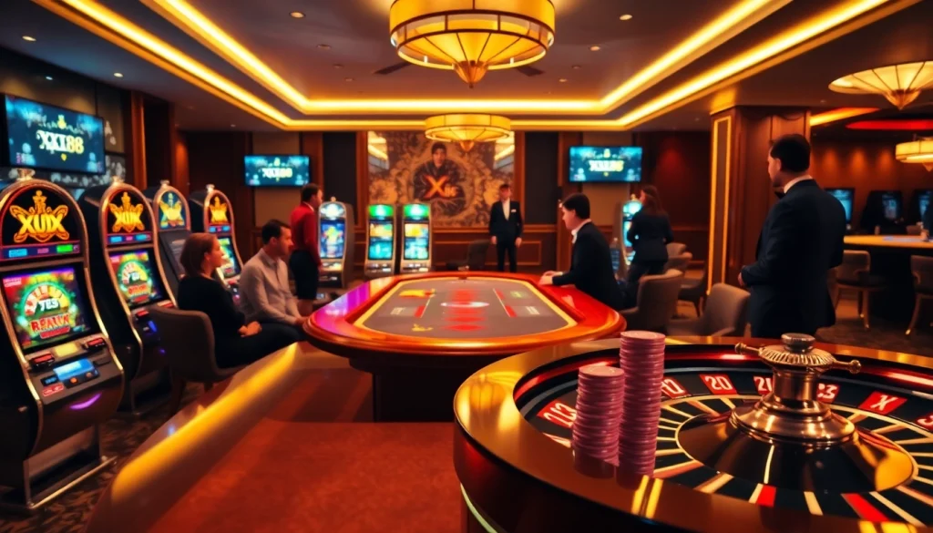 Exciting high-stakes poker play at XX88 casino showcasing vibrant gaming atmosphere.