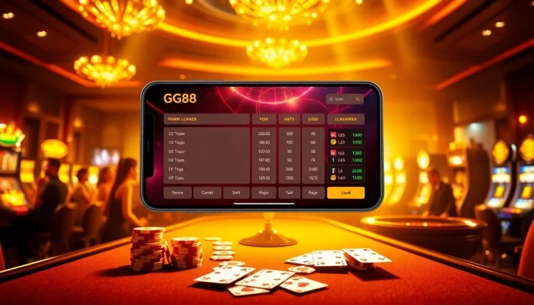 Experience the excitement at GG88 with a vibrant casino scene featuring classic games and a sleek mobile interface.