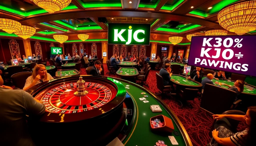 KJC casino with vibrant roulette wheel and excited gamblers at upscale tables