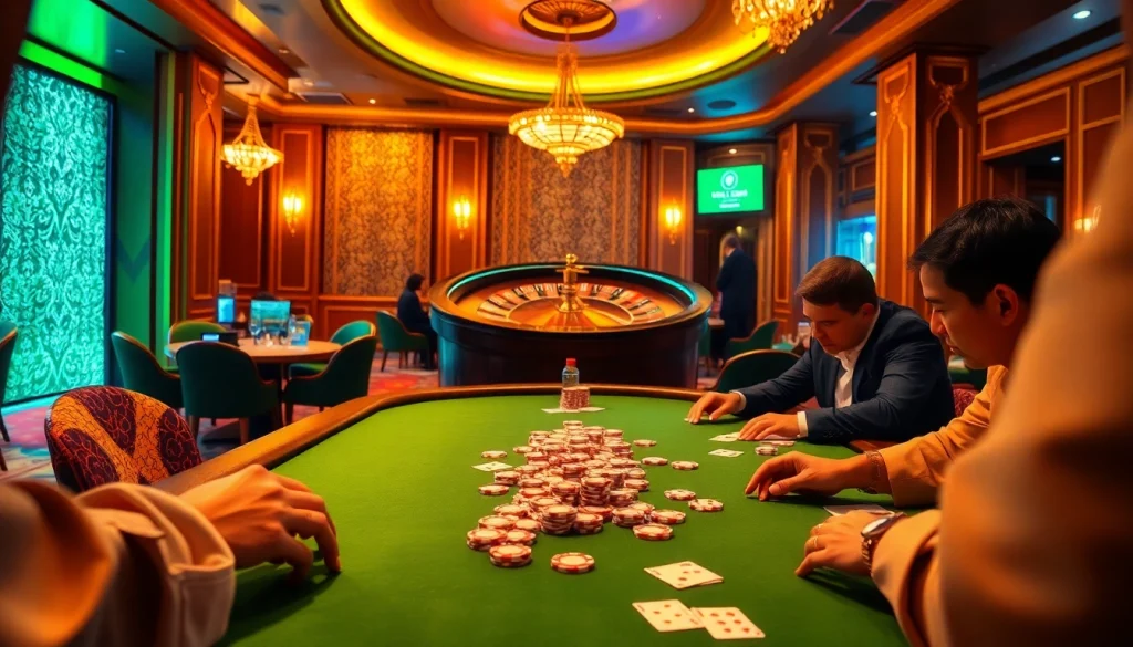 Win big at MM88 with a luxurious casino scene featuring a vibrant poker table and roulette wheel.