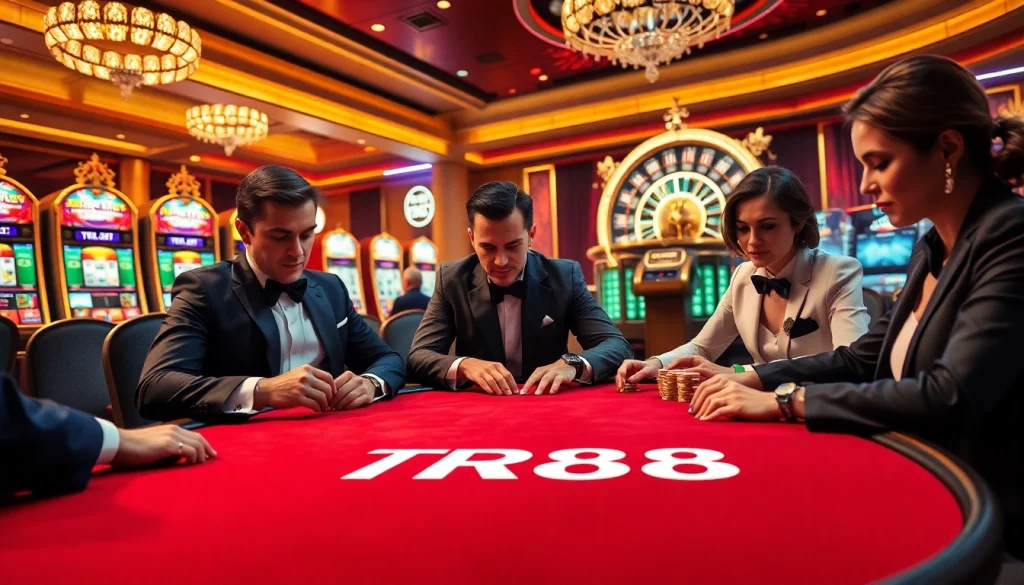 Experience high-stakes excitement at a luxurious poker table featuring TR88 and vibrant slot machines.