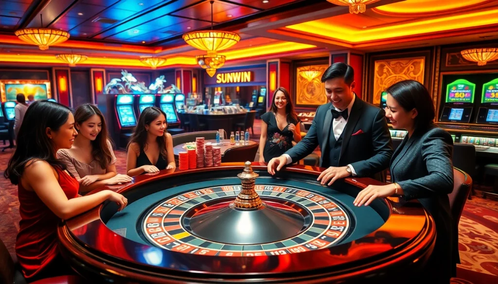 Experience SUNWIN's vibrant casino atmosphere with players excitedly engaging around a roulette table.