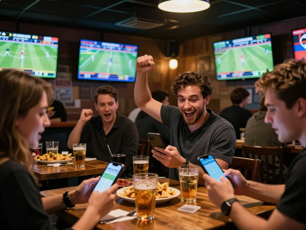 Patrons engaging in sports betting excitement at 23winy, checking apps on smartphones with screens showing live games.