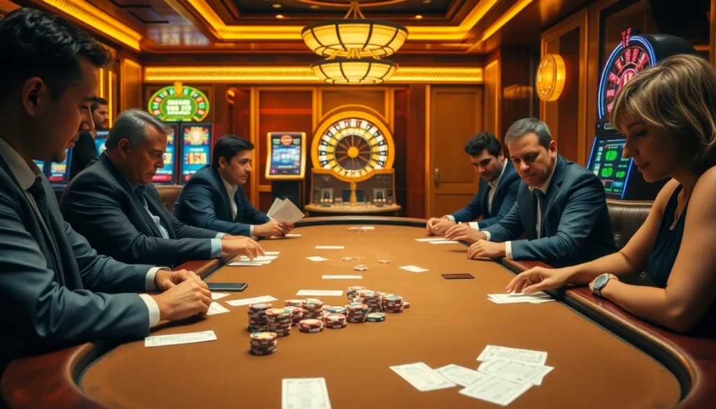 Daga players strategizing their moves at a high-stakes poker table in a vibrant casino environment.