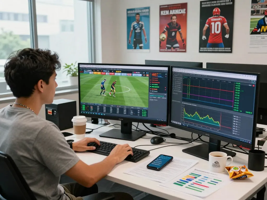 Analyst reviewing kèo nhà cái data on multiple monitors in a dynamic sports office.