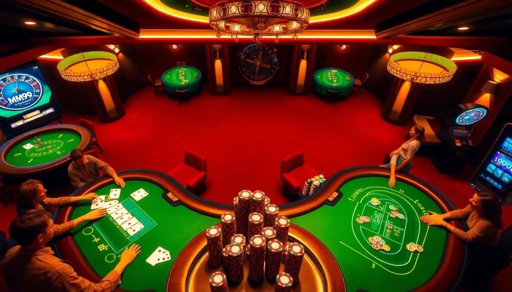 Engaging casino scene with players enjoying MM99 games, poker chips, and roulette.