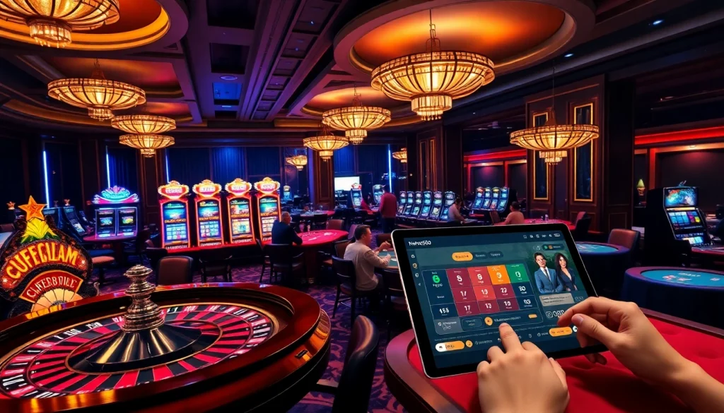Experience the excitement of nohu90 at a luxurious casino with vibrant slot machines and poker tables.