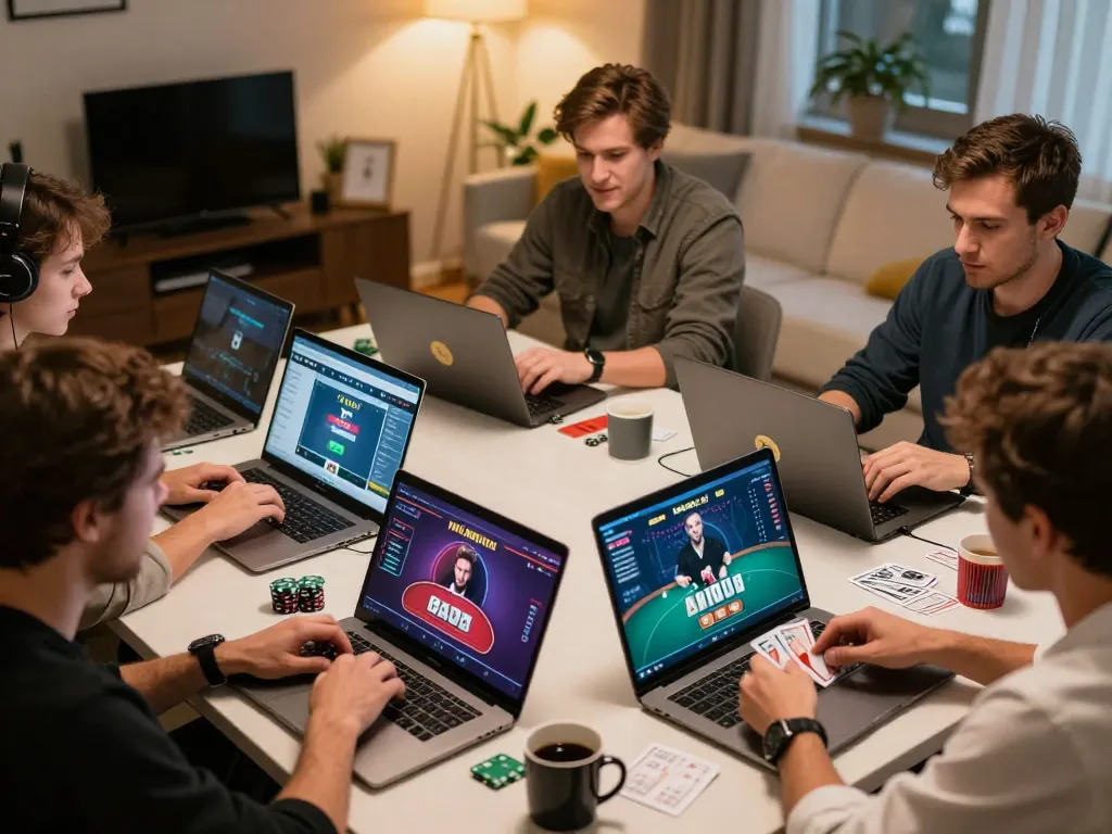 Players engaging in an online poker tournament showcasing SC88 strategies at home with laptops.