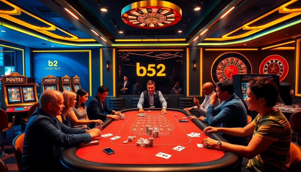 Players experiencing the excitement of winning at b52 casino games, surrounded by colorful tables and slots.