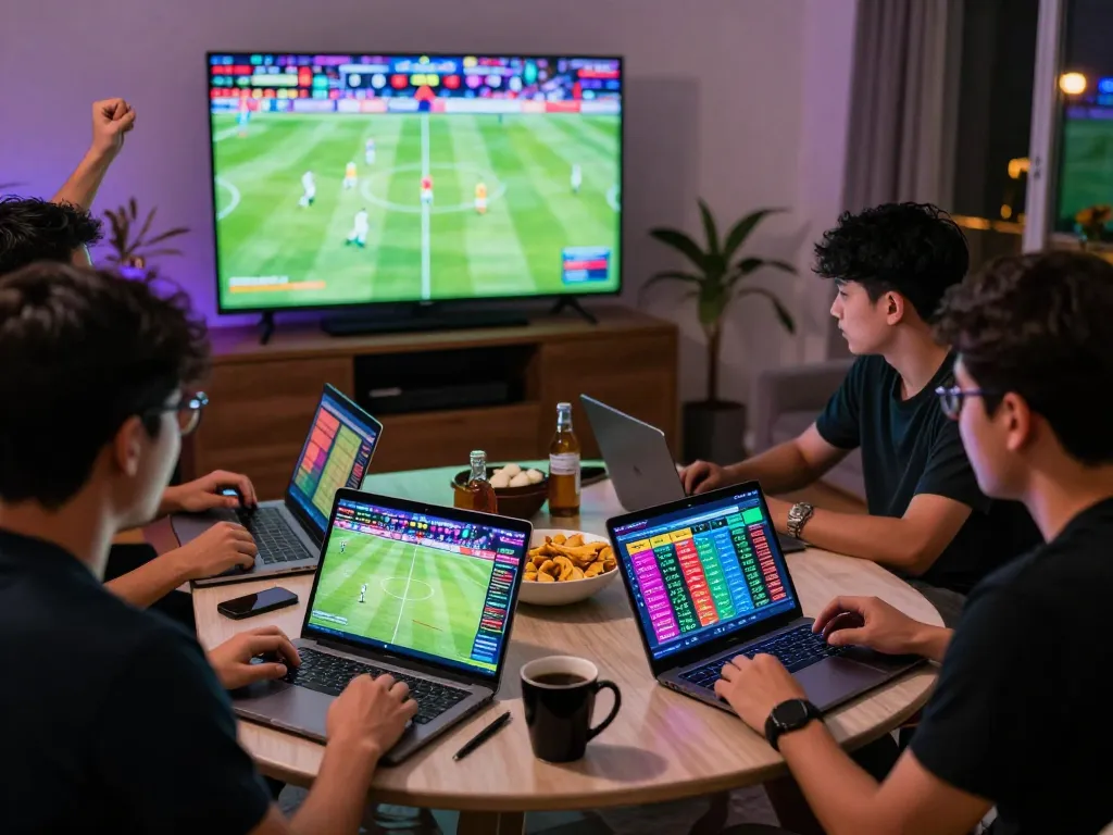 Engaged sports fans analyzing kèo nhà cái with live updates during a football match.