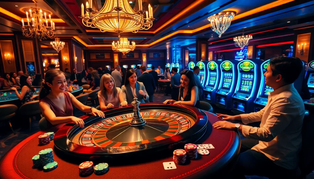 Experience the thrill of winning at okwin in a luxurious casino setting with roulette tables and lively players.