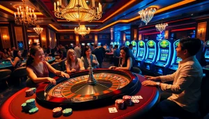 Experience the thrill of winning at okwin in a luxurious casino setting with roulette tables and lively players.