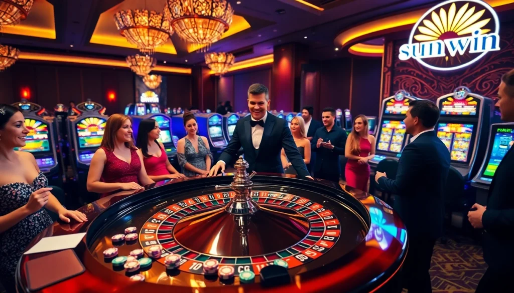 Players enjoying a high-stakes game at the sunwin casino, with a roulette wheel prominently in view.