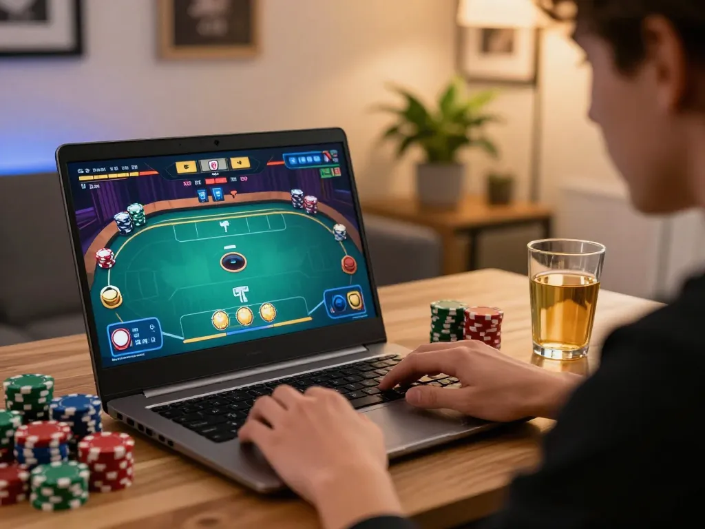 Engaging online poker gameplay at https://da88at.com/ with vibrant chips and warm lighting.