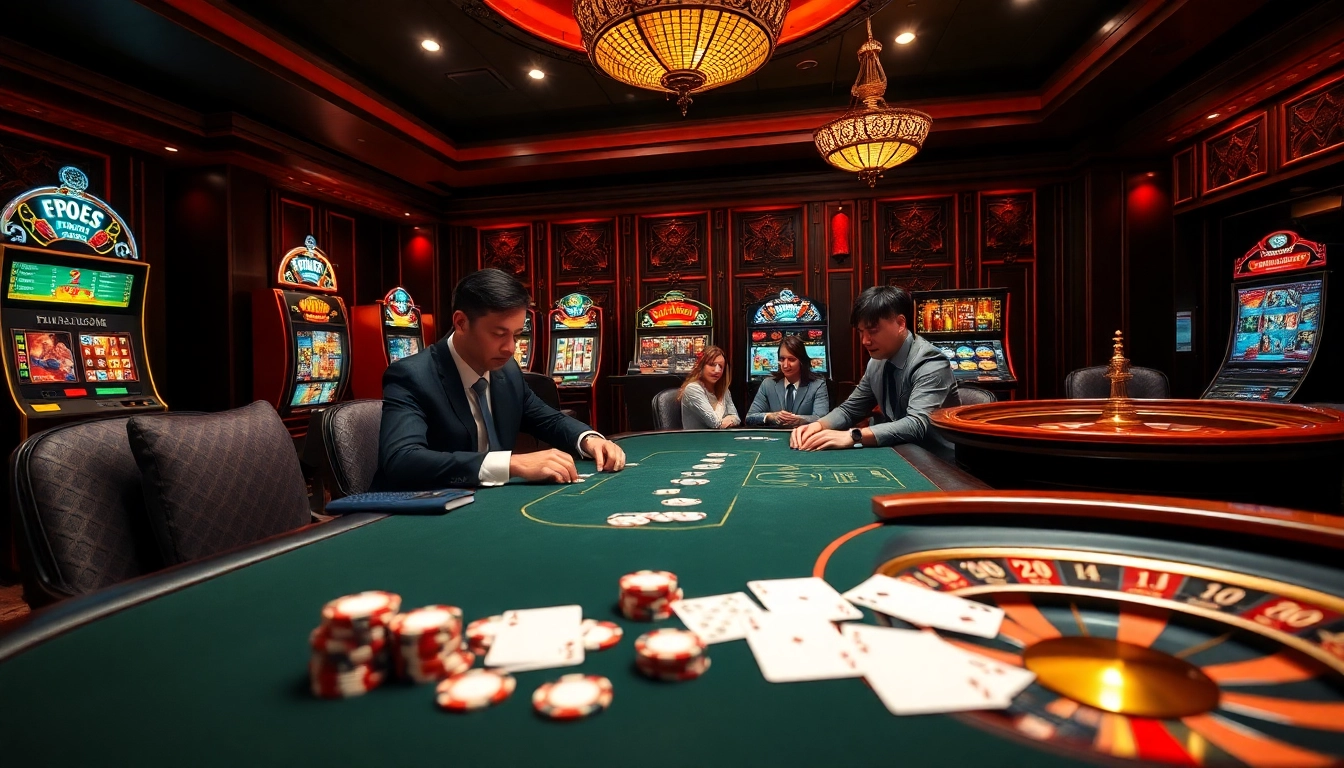 8day players engaging at an elegant poker table with vibrant casino elements.