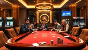 SIN88 branded poker chips and players engaged in a high-stakes poker game at a luxury casino table.