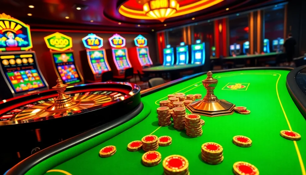 Players enjoying thrilling casino games at https://da88.navy/ with vibrant poker chips and roulette wheels.