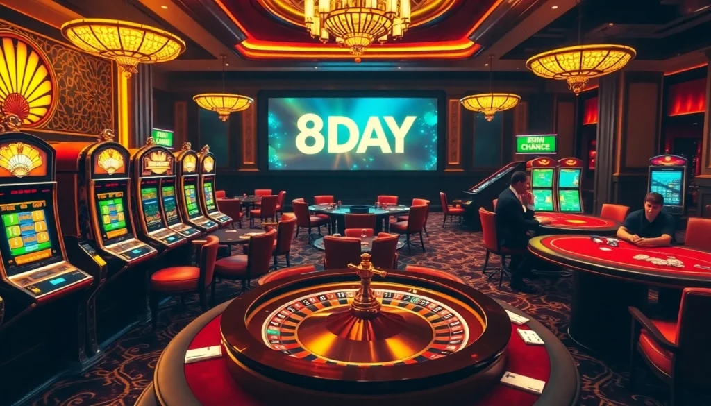 Experience the excitement of 8DAY casino games with vibrant slot machines and poker tables.