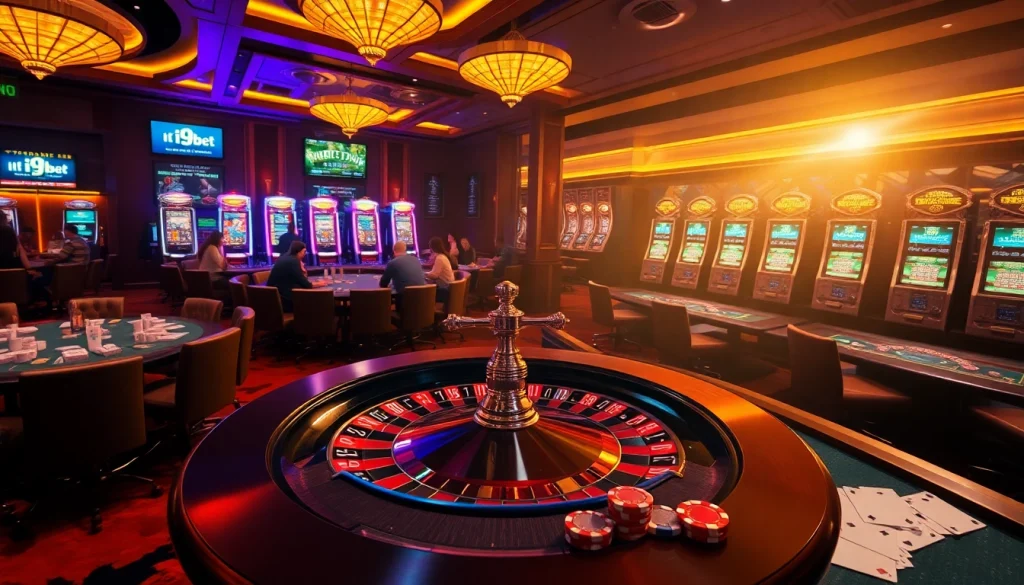 Experience the excitement of i9bet with engaging casino scenes featuring poker, roulette, and vibrant slot machines.