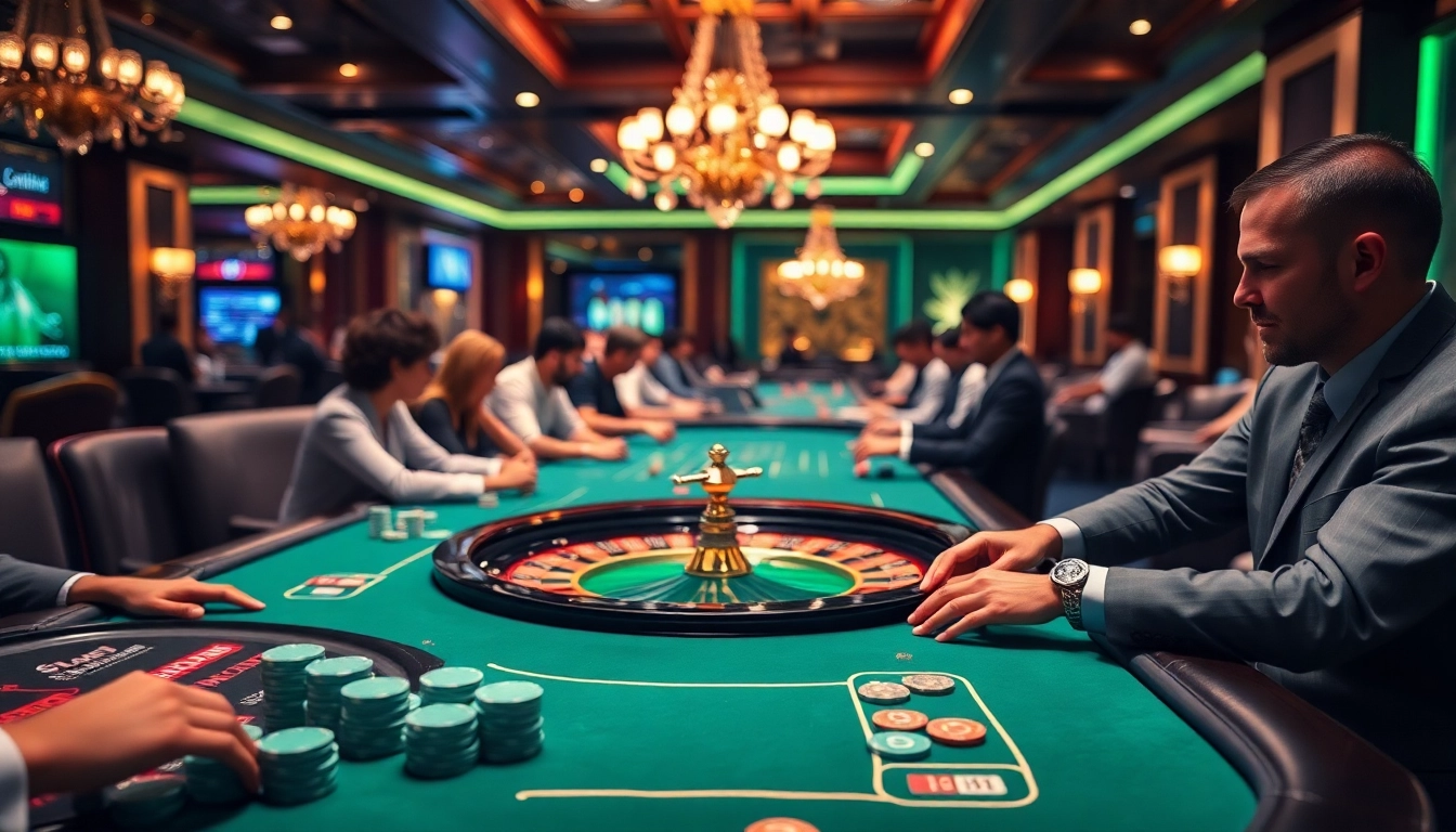 Players enjoying a thrilling poker game at mint88 casino, surrounded by vibrant chips and luxurious decor.