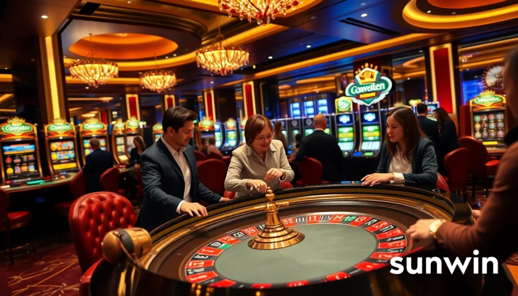 Players enjoy thrilling games at sunwin's vibrant casino, showcasing roulette and slot machines.