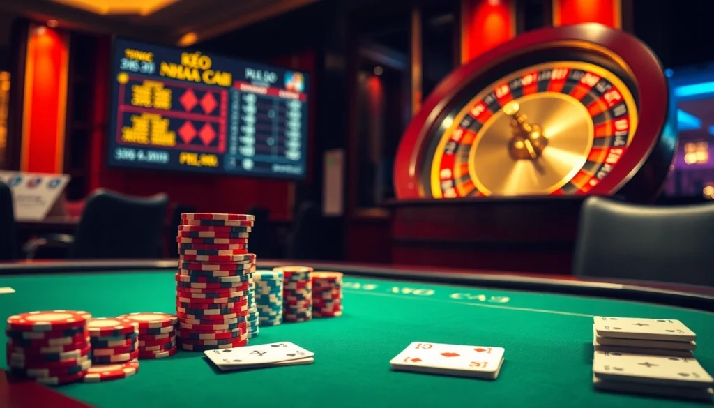 Kèo nhà cái displayed on a digital screen at a vibrant casino poker table with chips and cards.