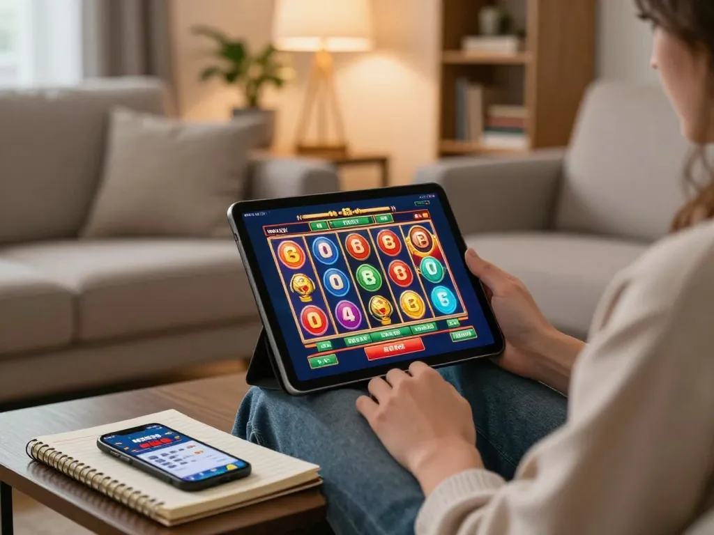 Person enjoying NK88 online slots on a tablet in a cozy living room setting.