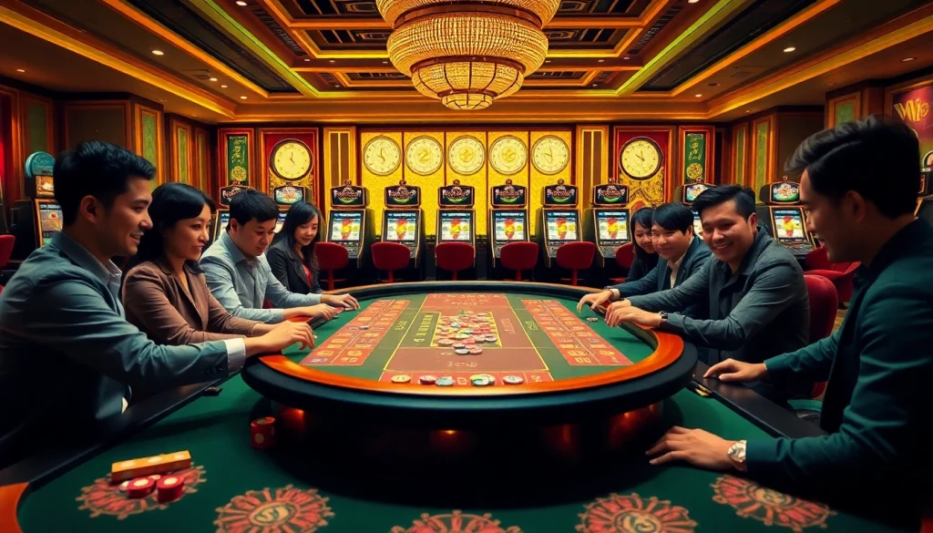 Players enjoying a thrilling game at a tài xỉu md5 table in a vibrant online casino scene.