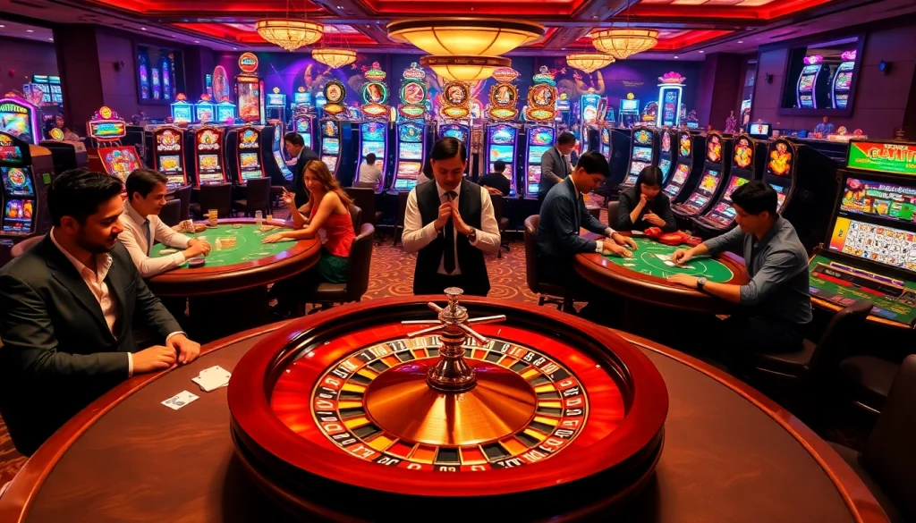 Exciting casino scene featuring OXBET with vibrant roulette wheels and diverse gambling action.