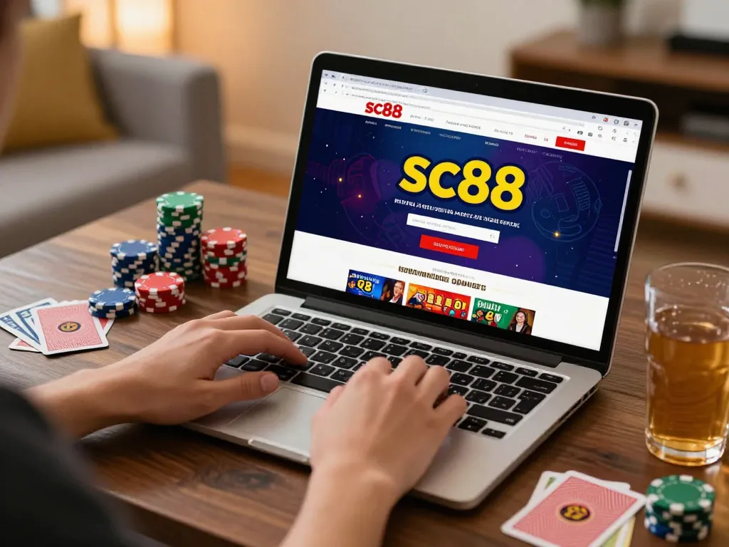 Player engaging with sc88 online casino, enjoying immersive gaming experience at home.