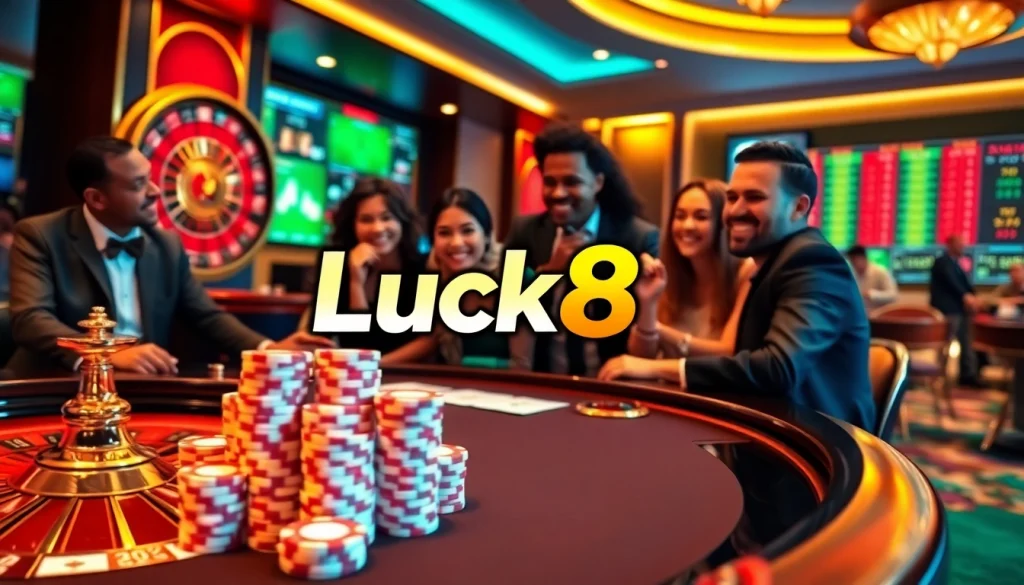 Luck8 players experience thrilling bets at a luxurious casino table with vibrant poker chips and roulette.