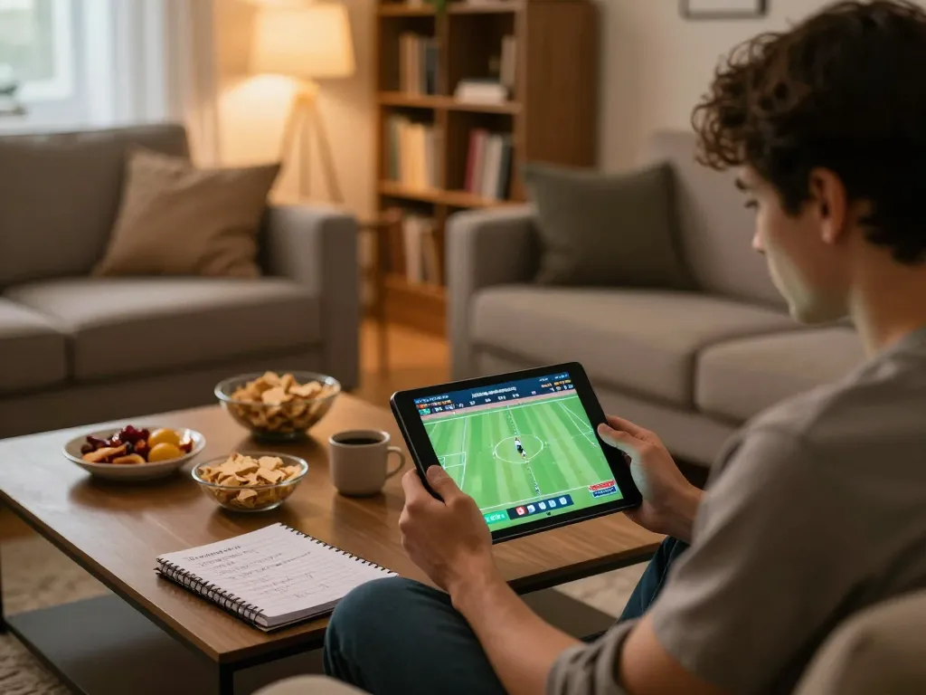 Engaging in kết quả bóng đá betting on tablet at home, cozy atmosphere, focused gaming.