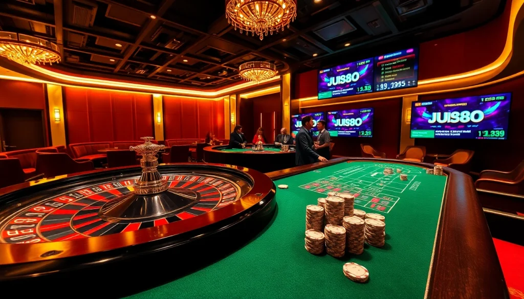 Elevate your gaming with Jun88 in a luxurious casino environment showcasing live dealer action.