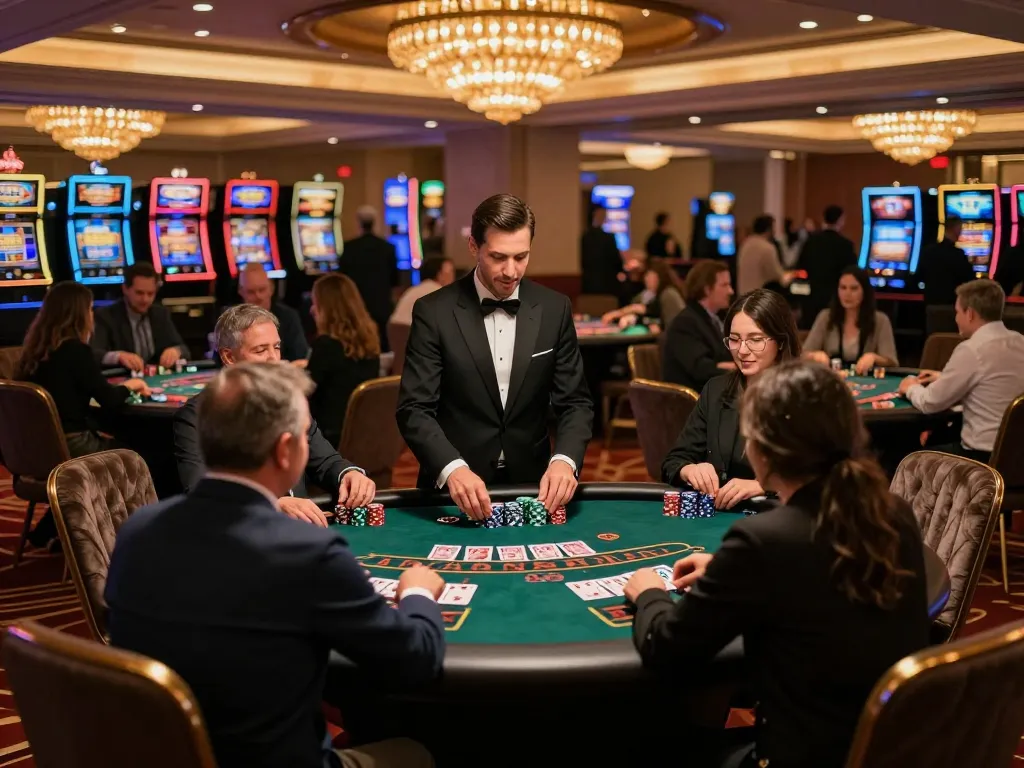 Tg88 players strategizing at a blackjack table in an upscale casino as dealer manages bets.