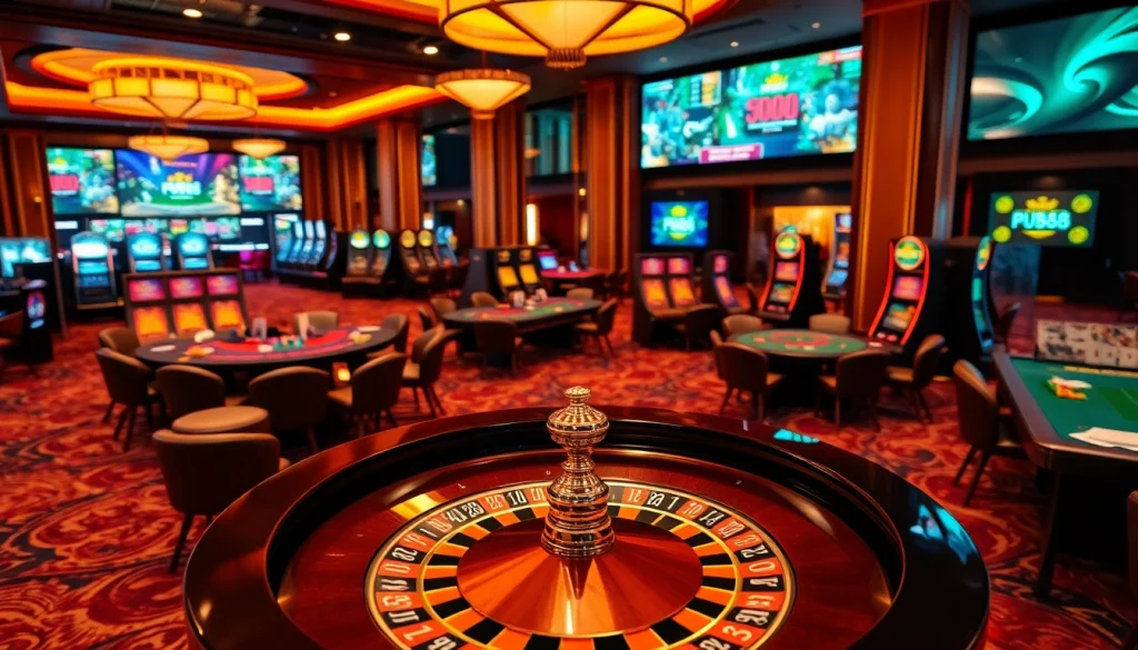 Experience the thrill of PUB88 with vibrant casino games and an elegant roulette wheel.