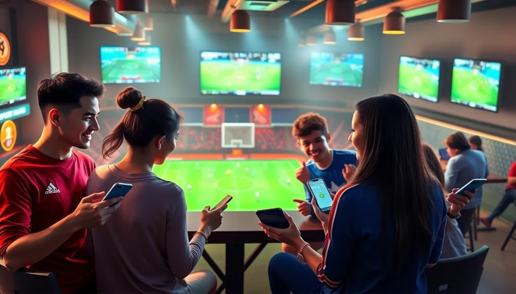 Bongdanet scene showing soccer fans engaging with live scores and updates, emphasizing community and excitement.