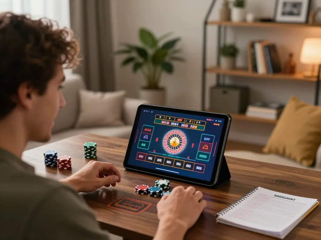 Engaging with Fun79 live dealer game on tablet in cozy home setting, showcasing responsible gaming.