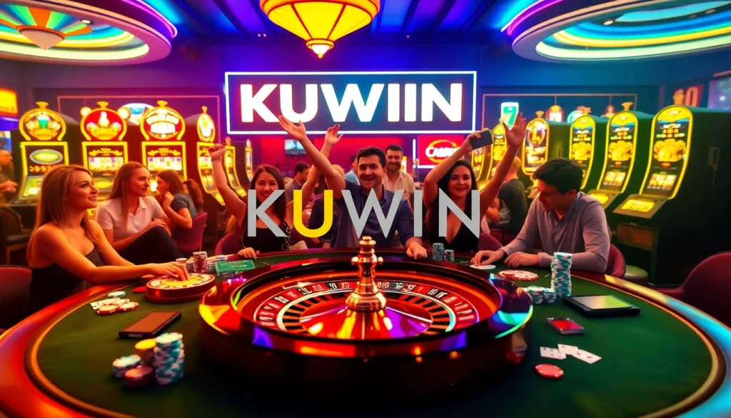 Experience excitement at the KUWIN casino table with vibrant poker chips and lively players.