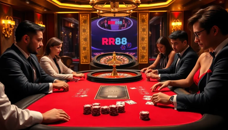 Players enjoying an intense poker game at RR88 casino, with luxurious chips and cards on display.