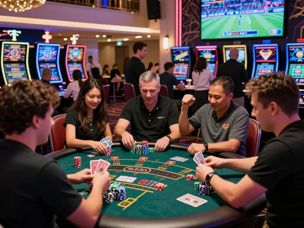 Players celebrating at 33WIN casino with lively atmosphere and colorful gaming elements.