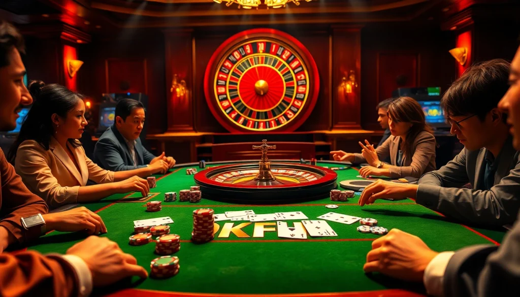 Experience thrilling gaming at OKFUN with vibrant poker tables and colorful chips in a luxurious casino.