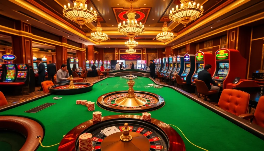 Experience the thrill of 555win at a luxurious casino scene filled with vibrant games, excited players, and professional tables.