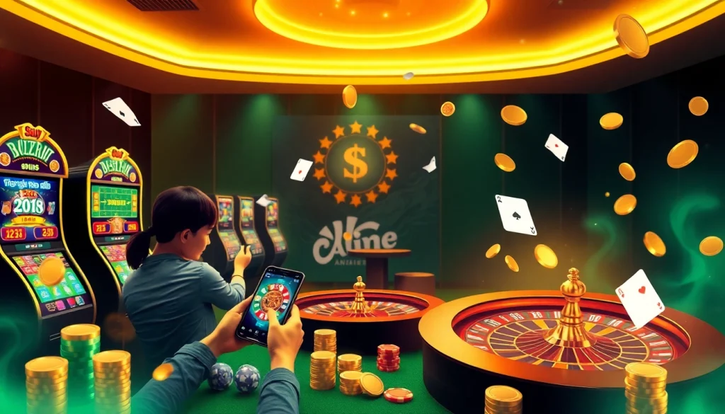 Players excitedly engage in Malaysia online gambling with a vibrant casino scene, featuring slot machines and roulette.