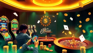 Players excitedly engage in Malaysia online gambling with a vibrant casino scene, featuring slot machines and roulette.
