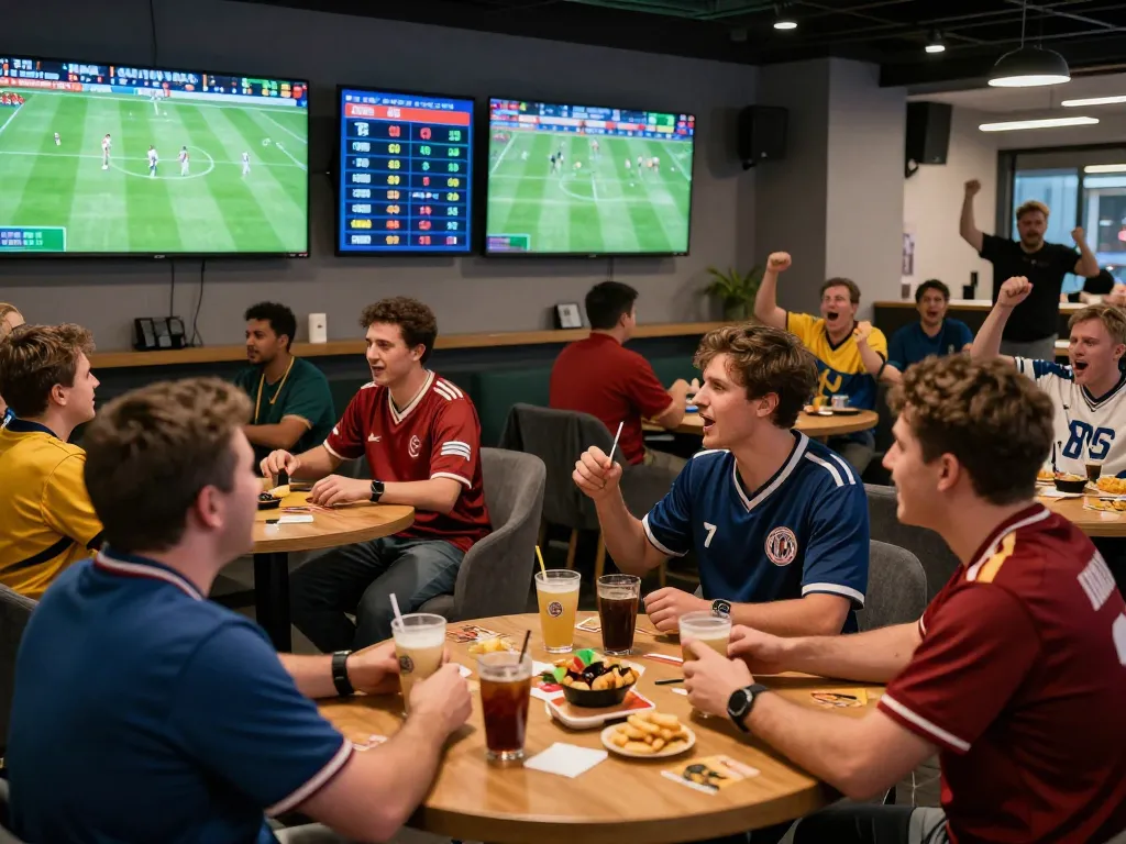 Kèo nhà cái betting enthusiasts engaged in live football matches in a vibrant lounge.