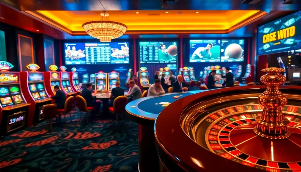 Exciting gambling atmosphere at 13win casino with players enjoying poker and slot machines.